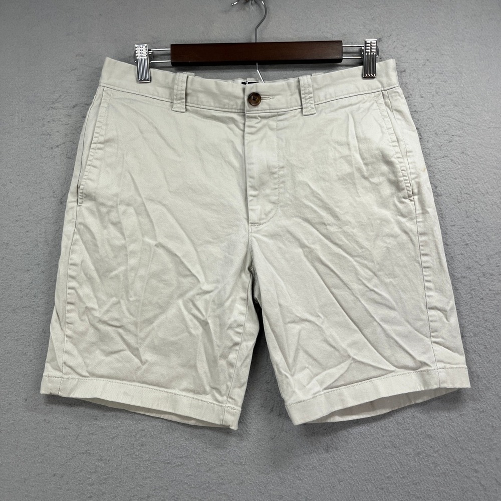 J Crew Chino Shorts Mens 31 Beige 9 Inch Flat Front Cotton Stretch Casual Preppy